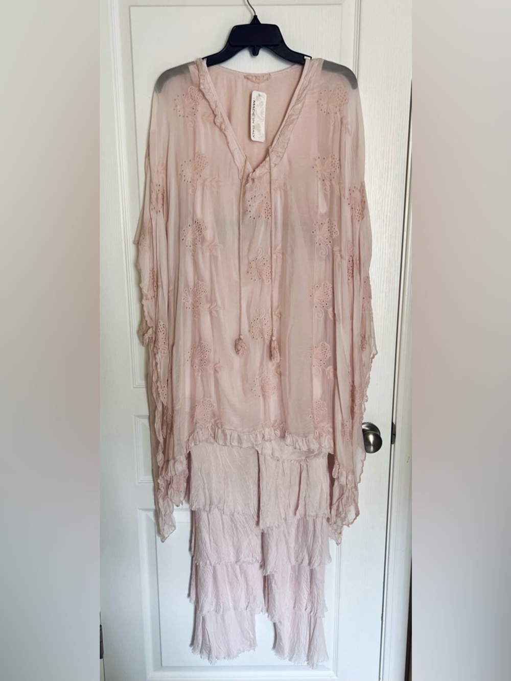 Romantic Blush Pink Silk Embroidered Boho Tunic Top Ruffle Pants Set Fairycore - Picture 2 of 16
